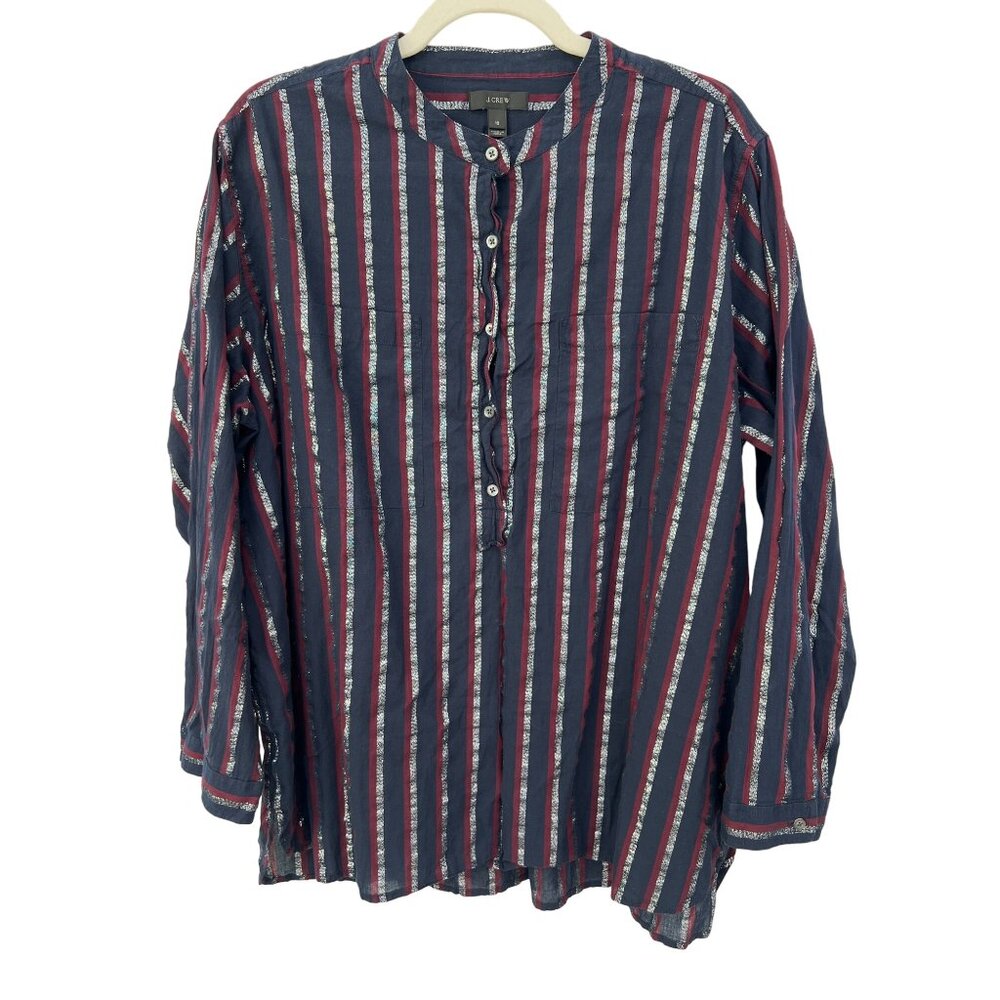 J Crew Metallic Stripe Popover Tunic Shirt Womens 16 Navy Cotton Blend Preppy - Picture 2 of 11